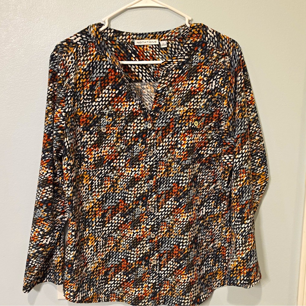 Notations Abstract Print Collared Button-Up Knit Long Sleeve Blouse Size L #371